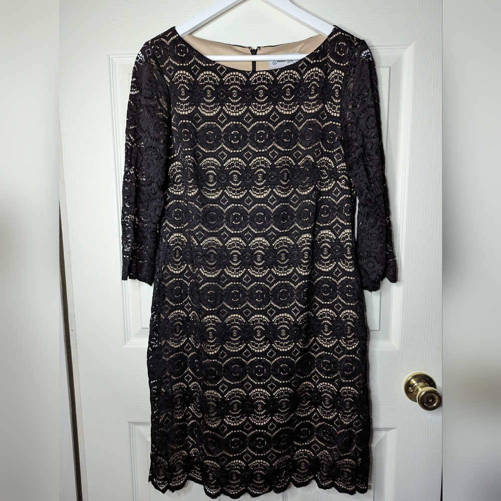 Jessica H black and beige sheath lace dress three quarter length sleeve size 12